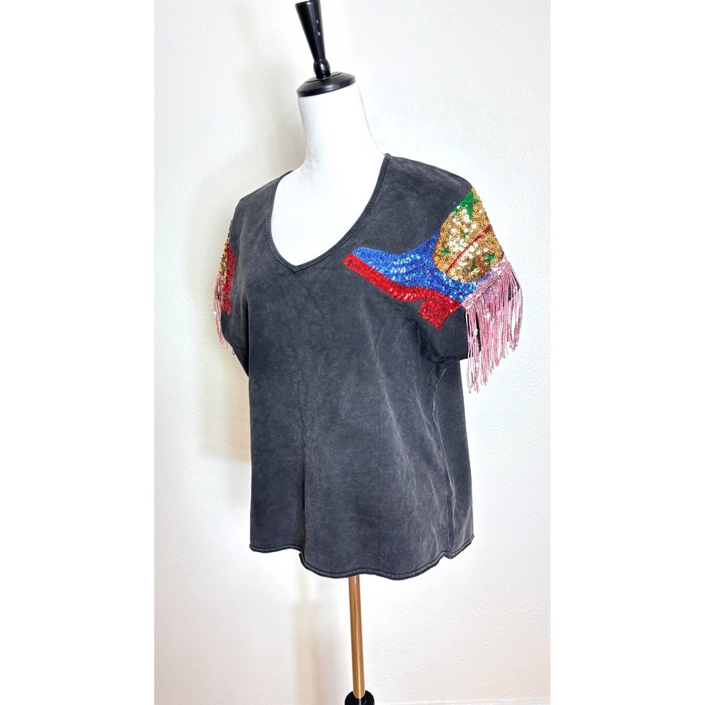 Blue B Sparkly Fringe Cowboy Boots V-Neck Top Size Small Western Cowgirl Country